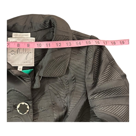 Milly Vintage Textured Black Jacquard Coat Green Lining 3/4 Sleeve Luxury Size 4 - Picture 10 of 15